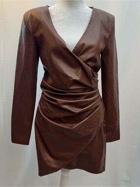 Zara Chocolate Brown Faux-Leather Long Sleeve Wrap Mini Dress M
